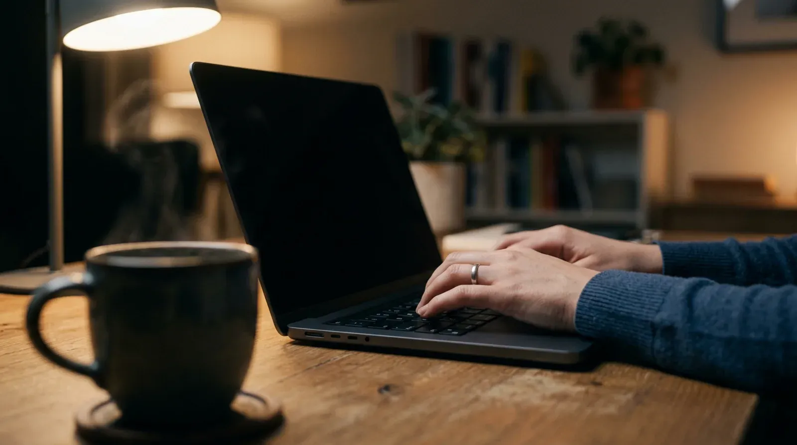 Des mains tapent sur le clavier d un ordinateur portable à l’écran éteint, dans un bureau éclairé par une lampe.