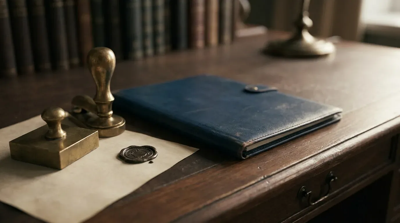 Un sceau en relief et un tampon en laiton poses sur un bureau en bois, evoquant le caractere obligatoire des mentions legales.