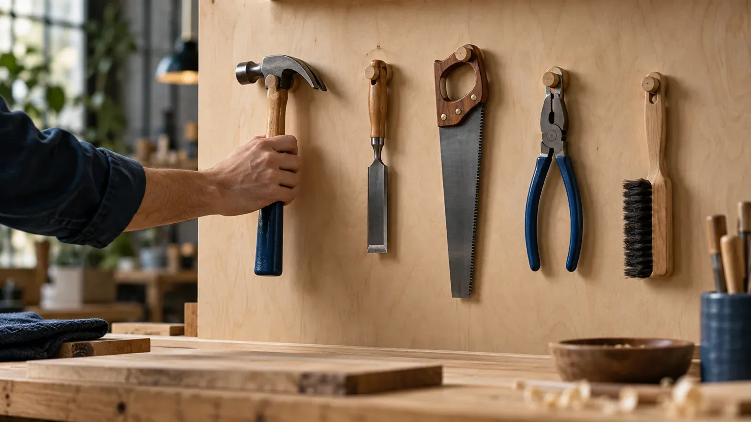 Une main décroche un marteau parmi cinq outils rangés chacun à sa place sur un panneau en bois d’atelier, comme les quelques entrées claires d’un bon menu de navigation.