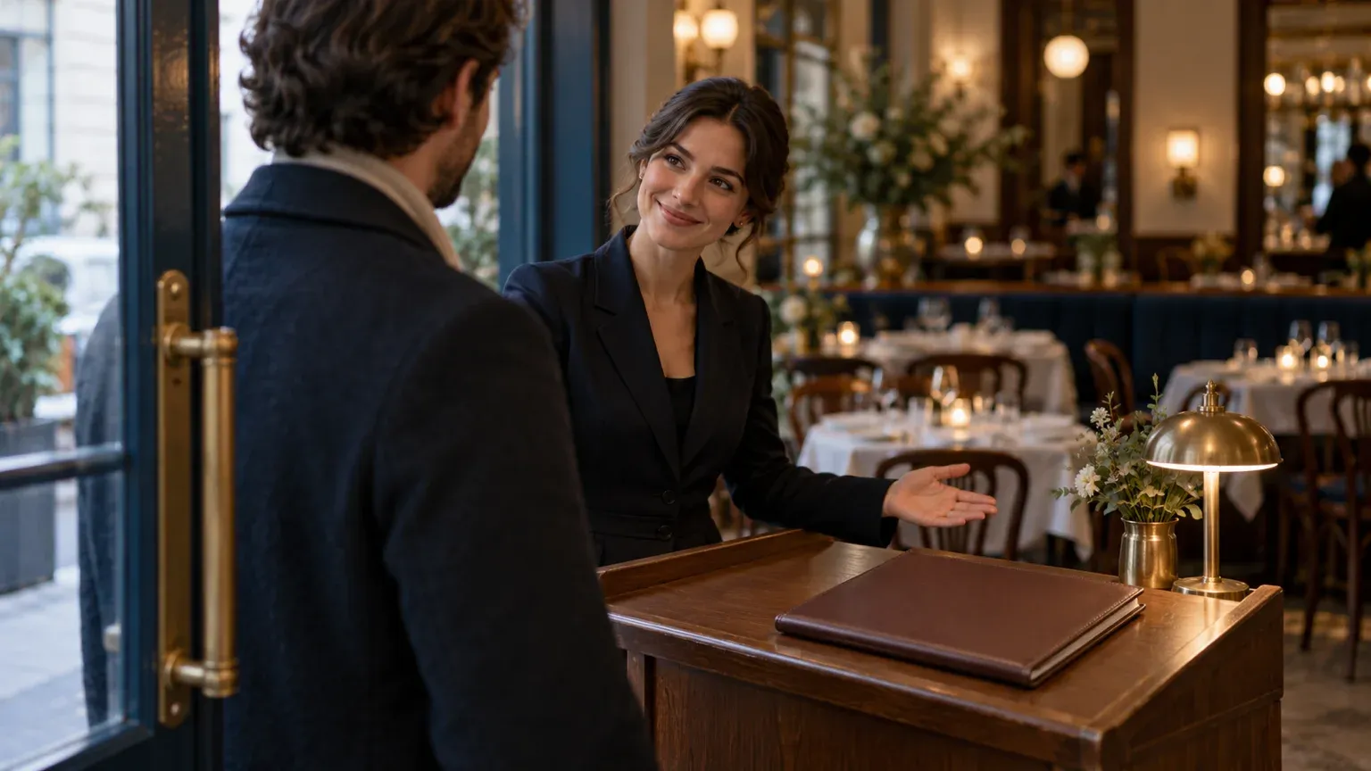 Une hôtesse accueille un client à l’entrée d’un restaurant et l’invite à entrer, près du pupitre de réservation, l’action que le menu du site doit garder bien visible.