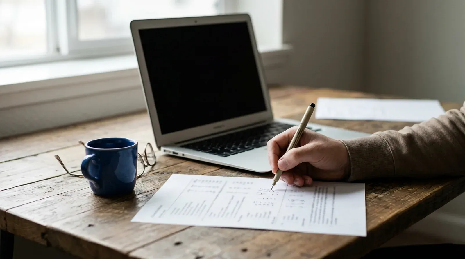 Une main annote au stylo une liste imprimée posée sur un bureau en bois, à côté d’un ordinateur portable, pour préparer le plan des redirections d’une migration de site.