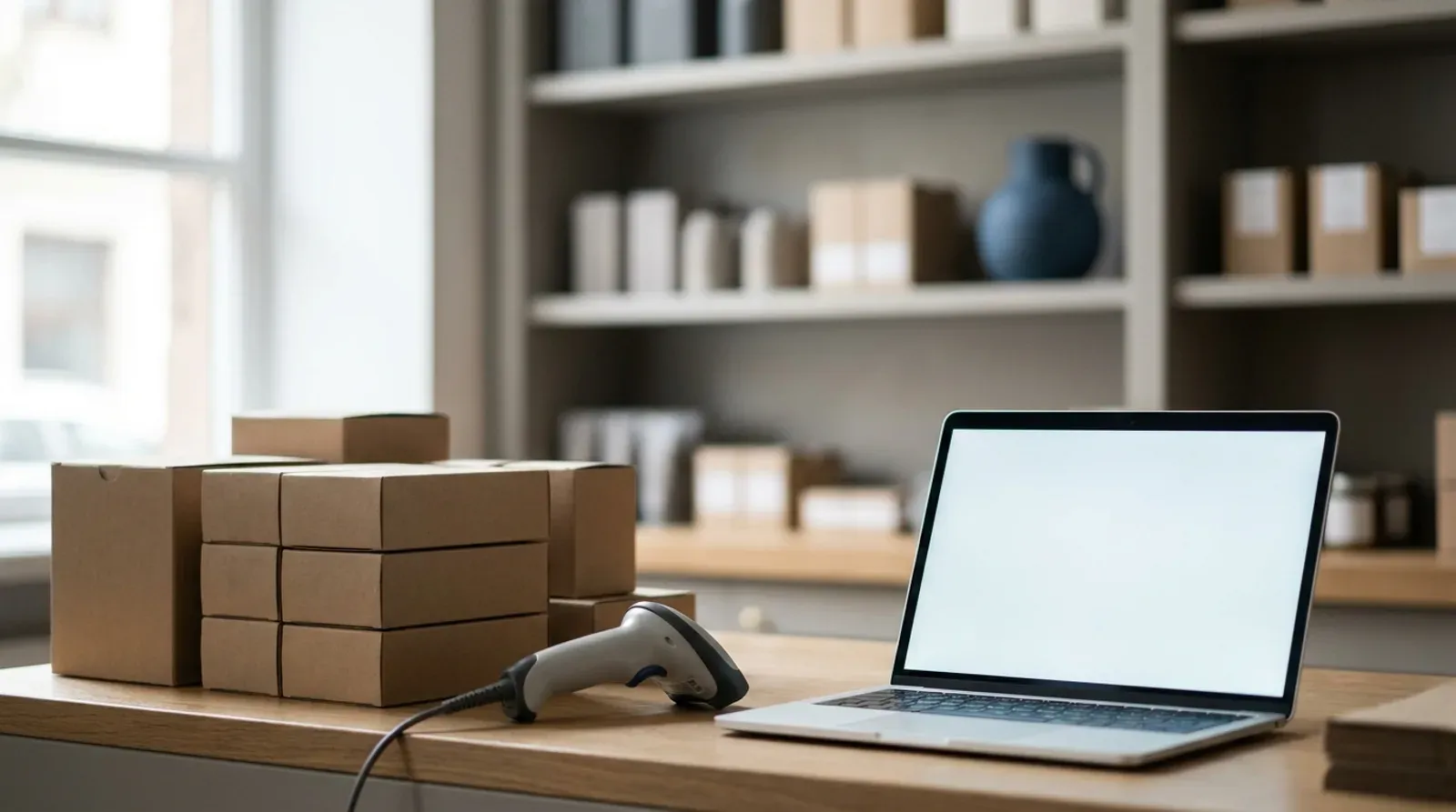 Le comptoir clair d’une petite boutique, cartons empilés et douchette à côté d’un ordinateur portable, au moment d’exporter les fiches produits et les commandes.