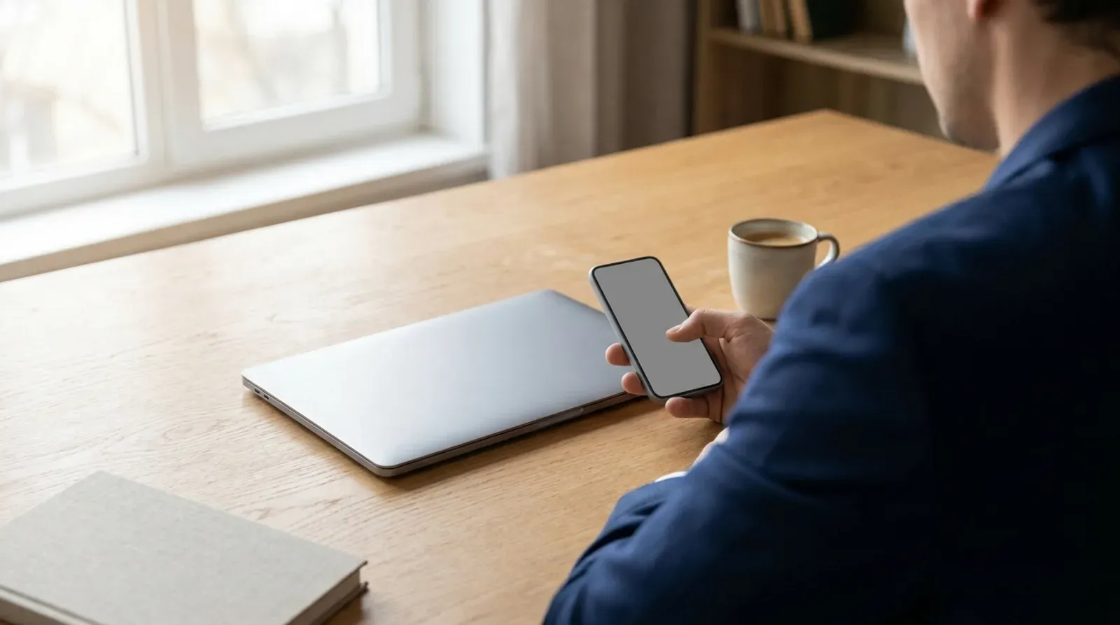 Un professionnel consulte son téléphone à côté d’un ordinateur portable fermé et d’une tasse de café, l’étape de vérification de la messagerie après le transfert du nom de domaine.