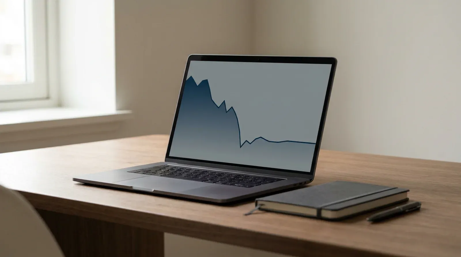 Ordinateur portable ouvert sur un bureau en bois, affichant une courbe qui chute puis se stabilise, a cote d’un carnet ferme et d’un stylo.