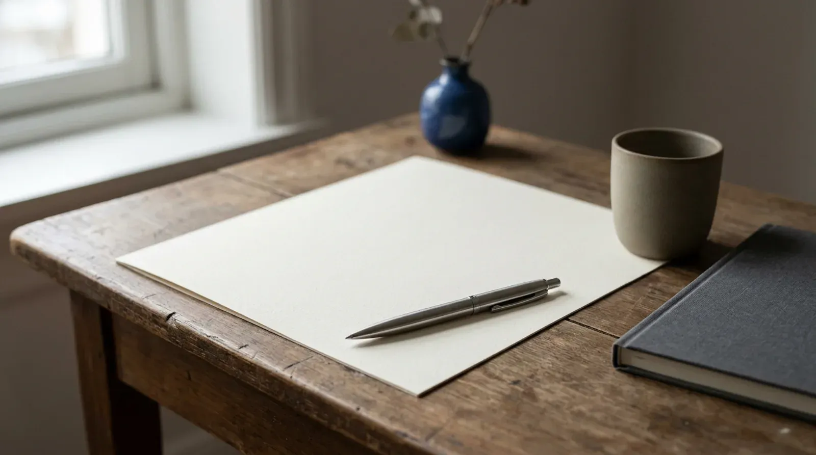 Feuille de papier entierement vierge et stylo poses sur une table en bois, avec une tasse et un carnet ferme, image de la relecture humaine qui reste a faire.