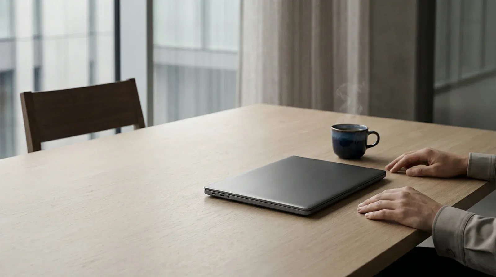Ordinateur portable ferme et tasse fumante sur une table de reunion vide, avec deux mains posees et une chaise inoccupee en face.