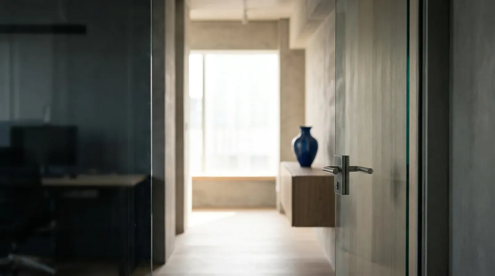 Porte vitree entrouverte sur un couloir de bureau clair, lumiere du jour au fond et vase bleu pose sur un meuble bas.