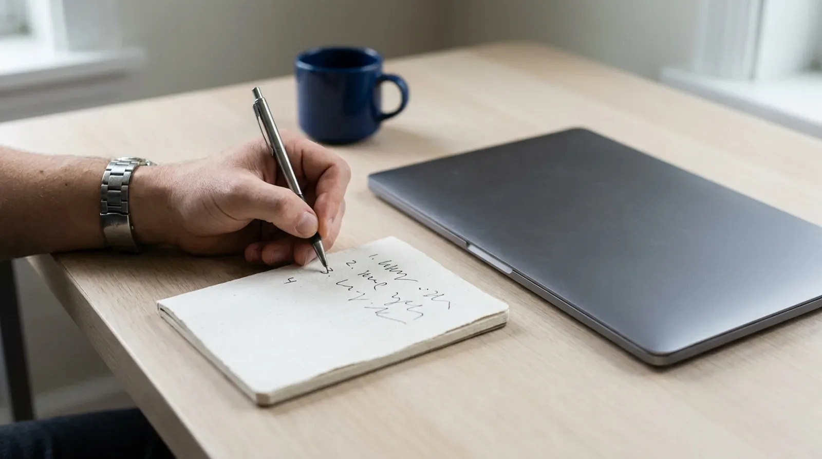 Main qui ecrit une courte liste numerotee dans un carnet, a cote d un ordinateur portable ferme et d une tasse bleu nuit.