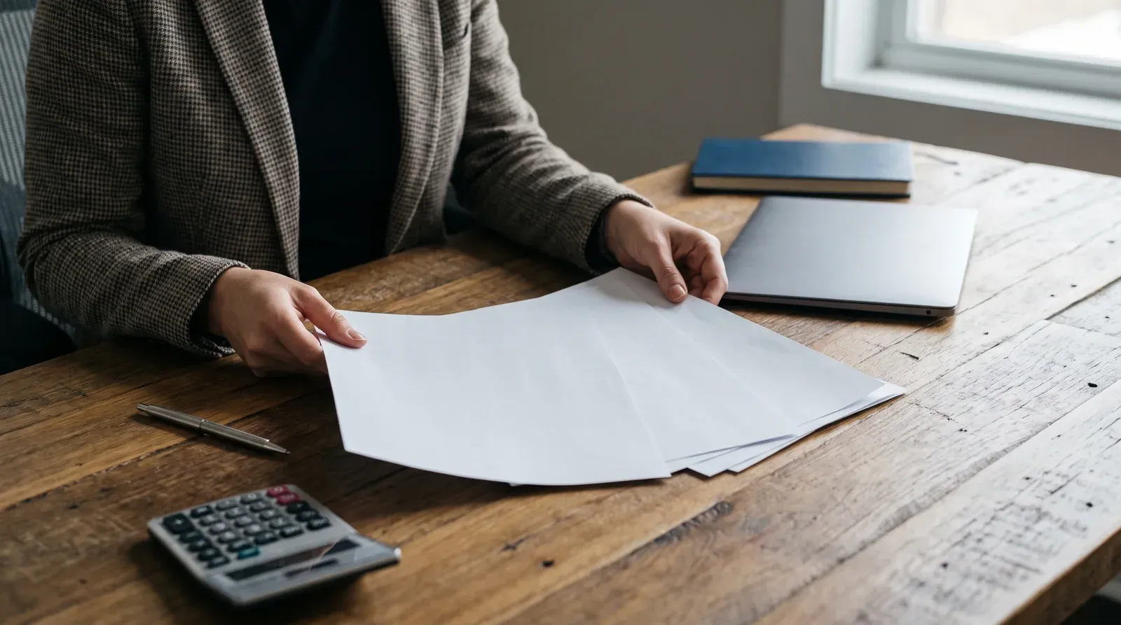 Une dirigeante compare plusieurs feuilles vierges deployees en eventail sur une table en bois, un stylo et une calculatrice a portee de main, image de la comparaison des offres avant d’acheter un lien.