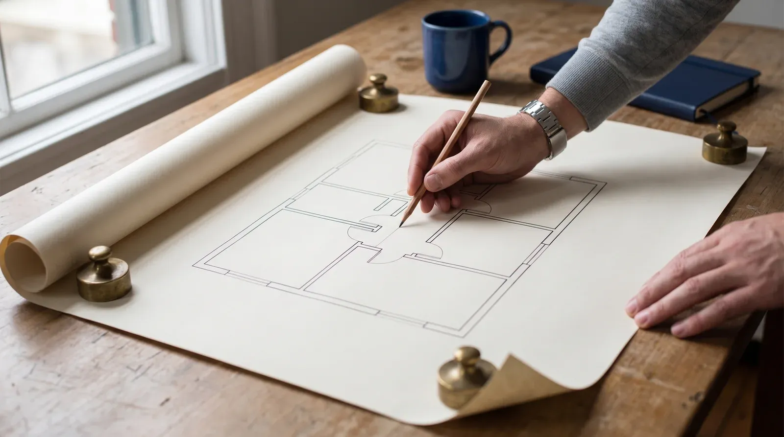 Un crayon trace une liaison entre deux pieces sur un plan d’architecte sans aucune annotation, metaphore du maillage interne entre les pages d’un site.