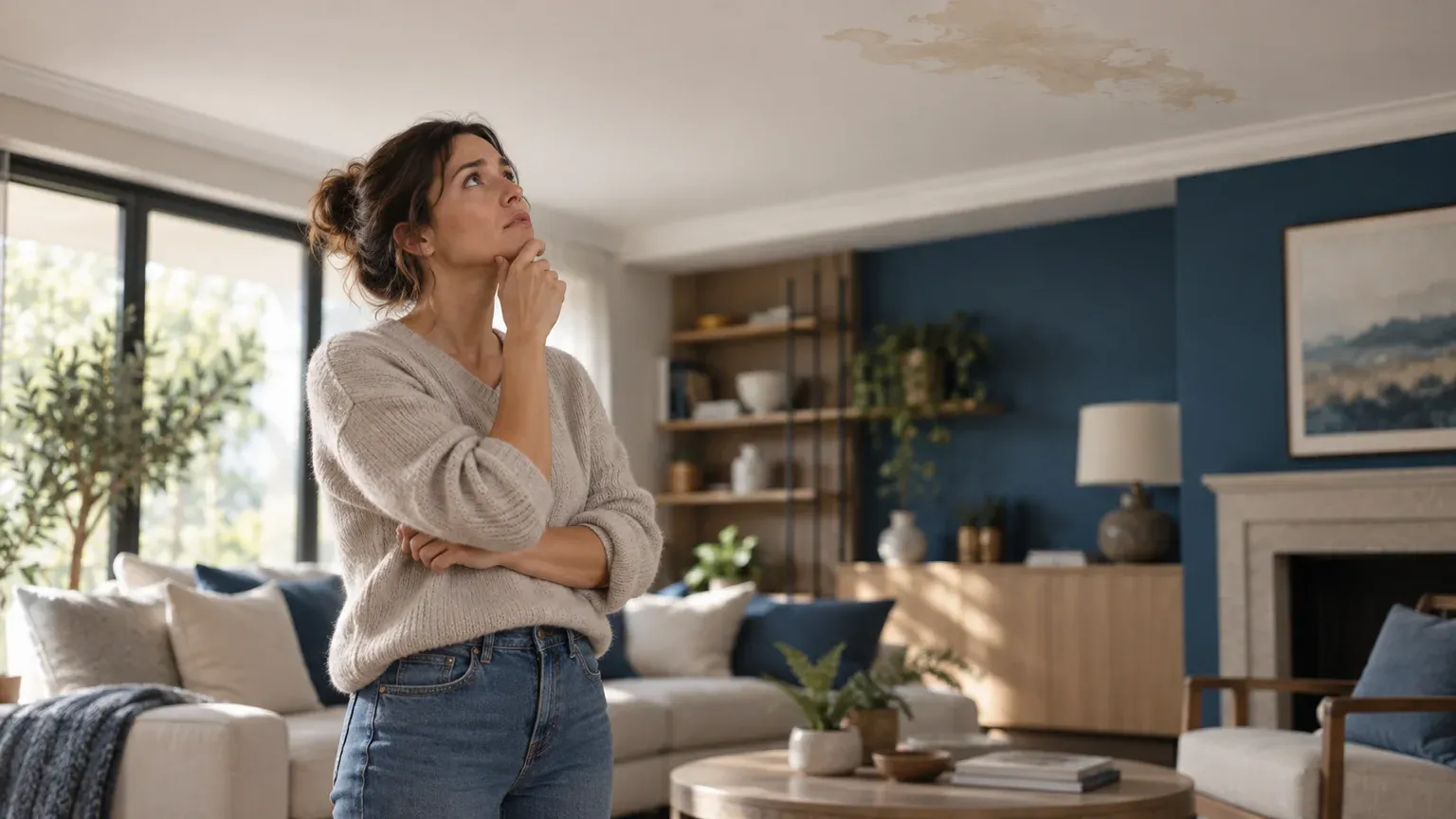 Une femme en pull clair, la main sous le menton, regarde une tache d’humidité au plafond de son salon aux murs bleu profond.