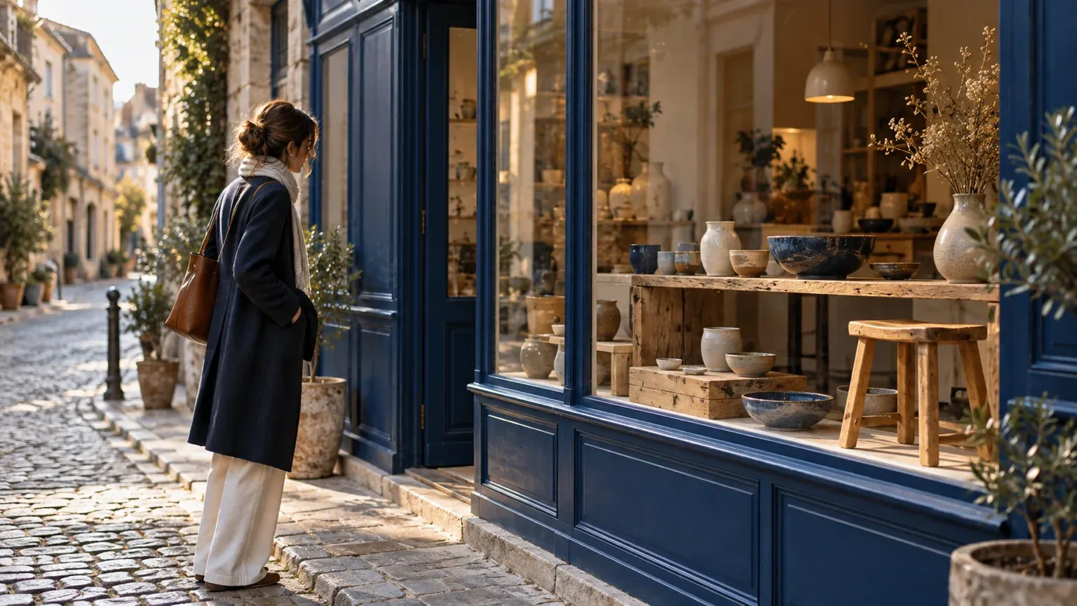 Une passante s’arrête devant la vitrine bleu profond d’un atelier de céramique, dans une rue pavée, sous la lumière de fin d’après-midi.