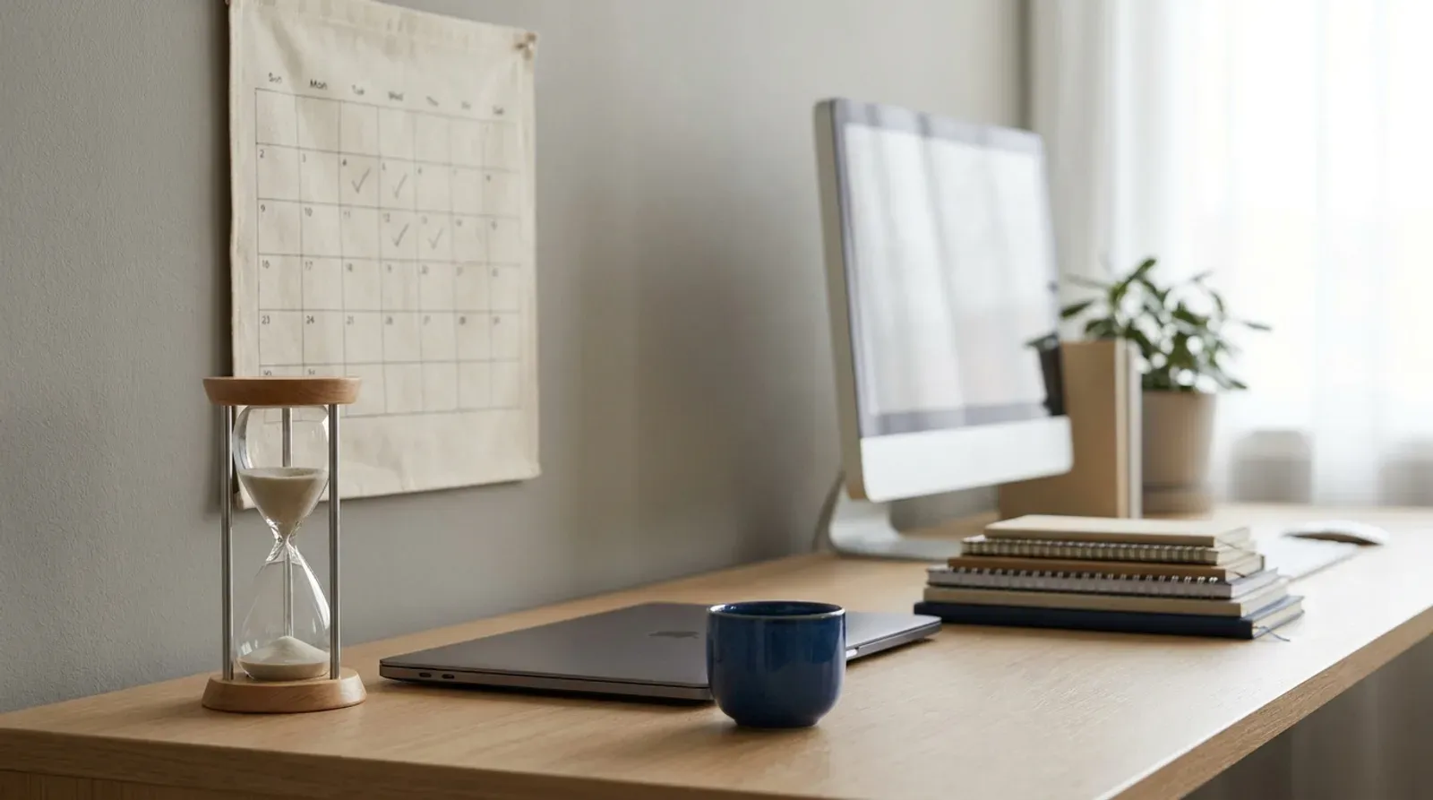 Un calendrier et un sablier posés sur un bureau, évoquant les quelques jours à quelques semaines nécessaires avant qu’un site neuf soit indexé sur Google.