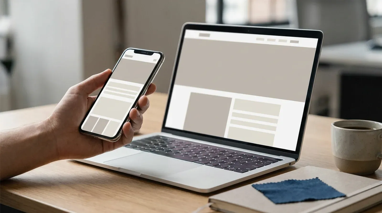 Un smartphone affichant un site web responsive à côté d’un ordinateur, illustrant l’indexation mobile-first et l’importance d’une version mobile complète pour Google.