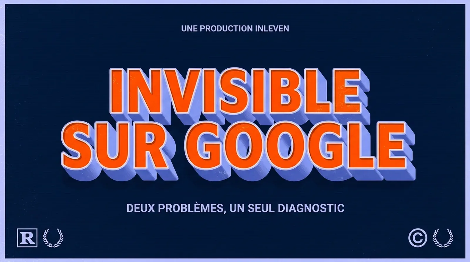 Illustration 3D rétro dans les tons bleu marine de la marque, évoquant un site web absent des résultats de recherche Google, avec un grand titre typographique en majuscules.