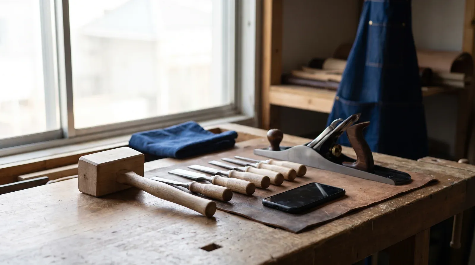 Établi de menuisier avec un maillet en bois, une rangée de ciseaux à bois, un rabot et un téléphone posé sur un tapis de cuir.