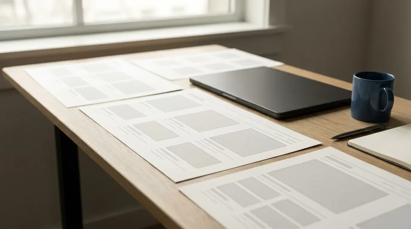 Feuilles de wireframes imprimées étalées sur un bureau en bois clair, à côté d’un ordinateur portable fermé, image du tri des pages avant une refonte.