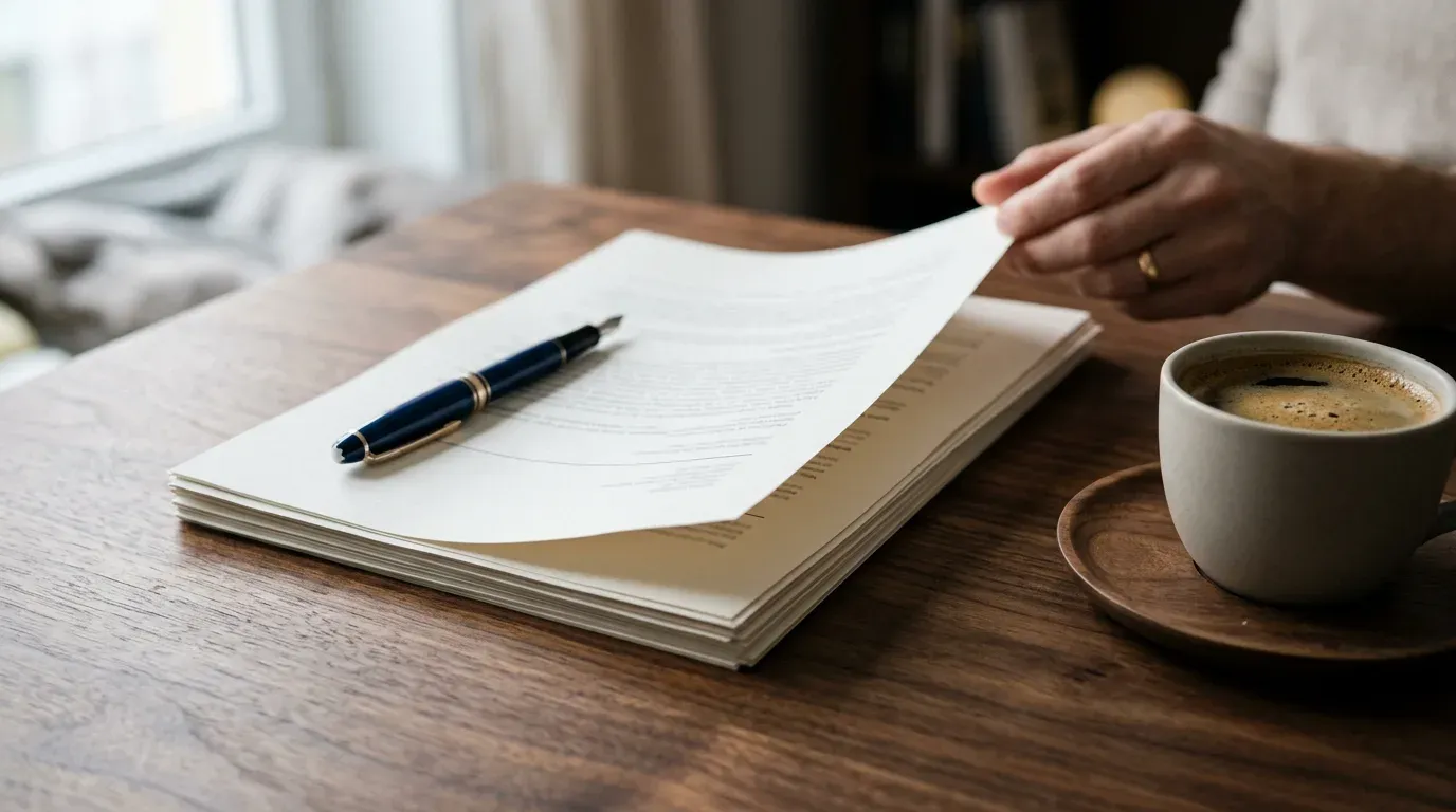 Une main soulève une page d’un document imprimé posé sur une table en bois, à côté d’un stylo plume, image de la relecture d’un devis de refonte ligne par ligne.