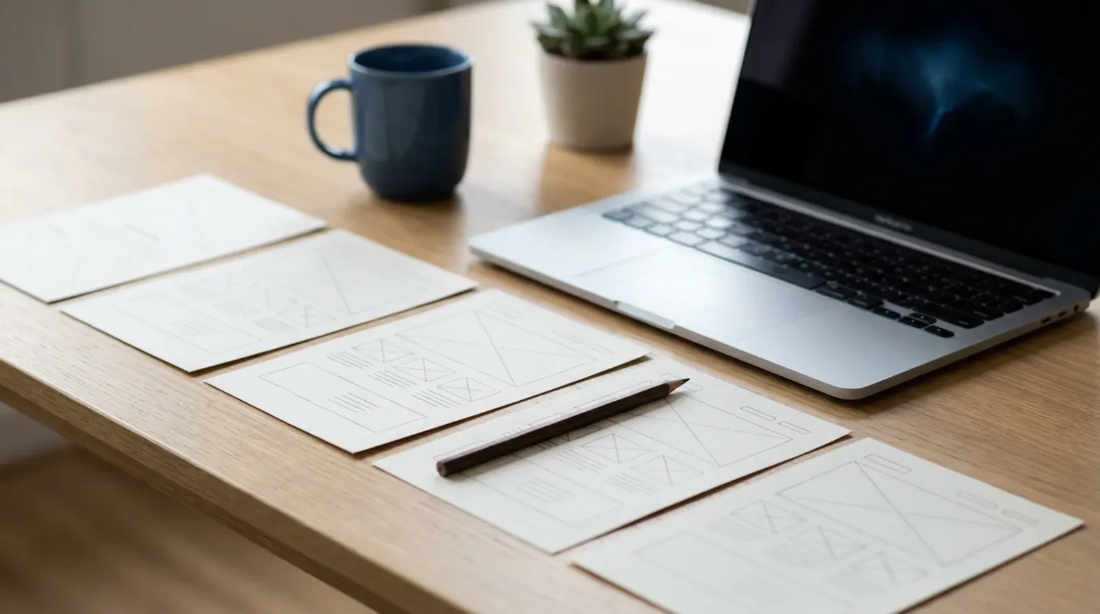 Maquettes imprimées de cinq pages de site posées sur un bureau en bois, à côté d’un ordinateur portable, d’un crayon et d’une tasse.
