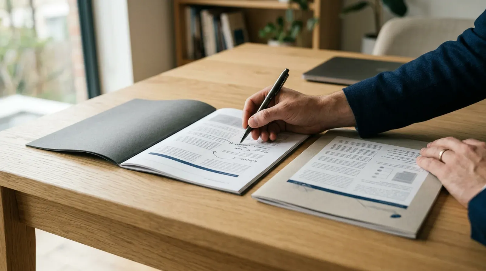 Deux propositions imprimées posées côte à côte sur une table en bois, dont l’une est annotée au stylo.