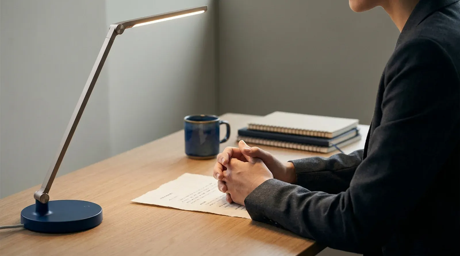 Personne assise à un bureau devant une feuille peu remplie éclairée par une lampe, les mains jointes.