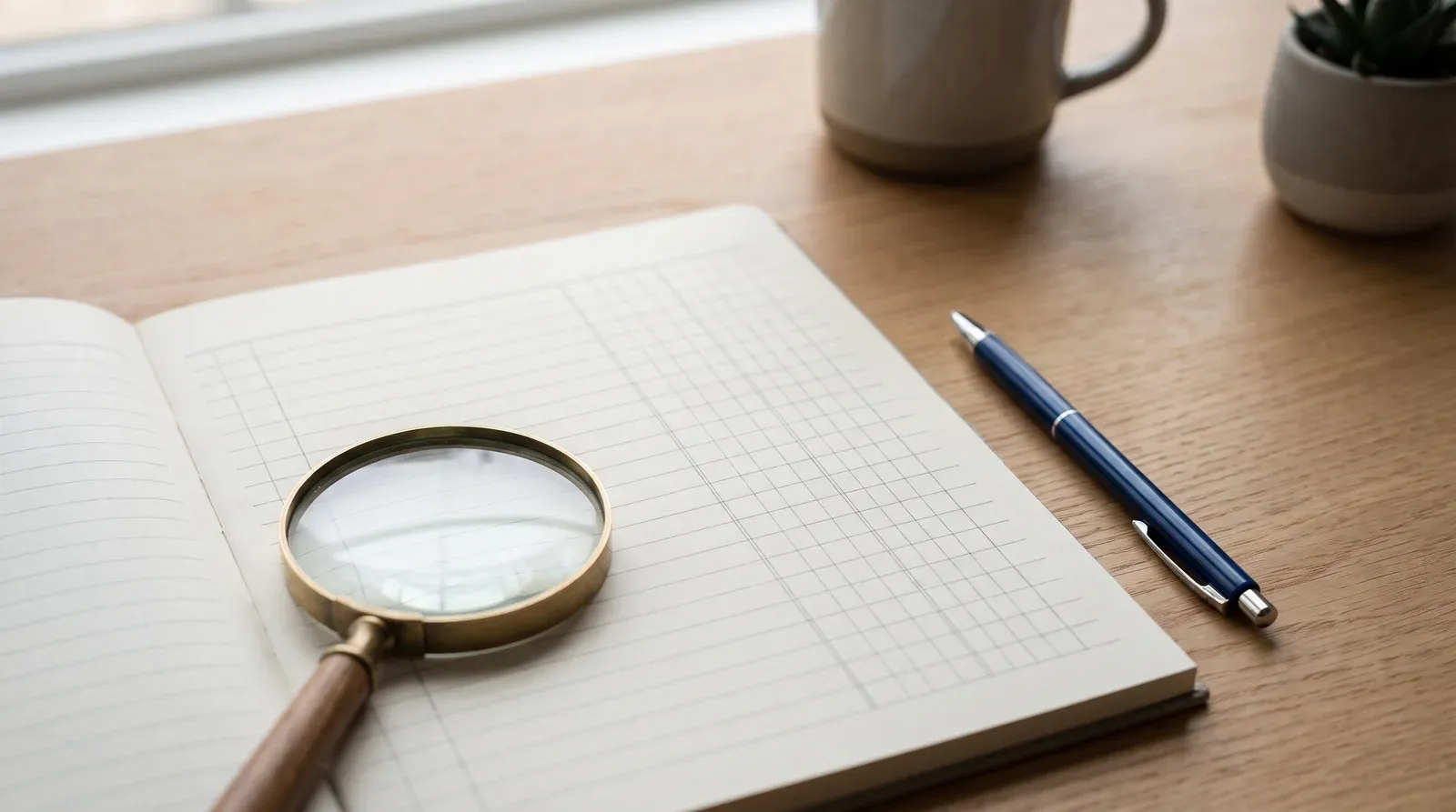 Registre comptable ouvert sur une page réglée entièrement vierge, loupe posée dessus et stylo bleu à côté.