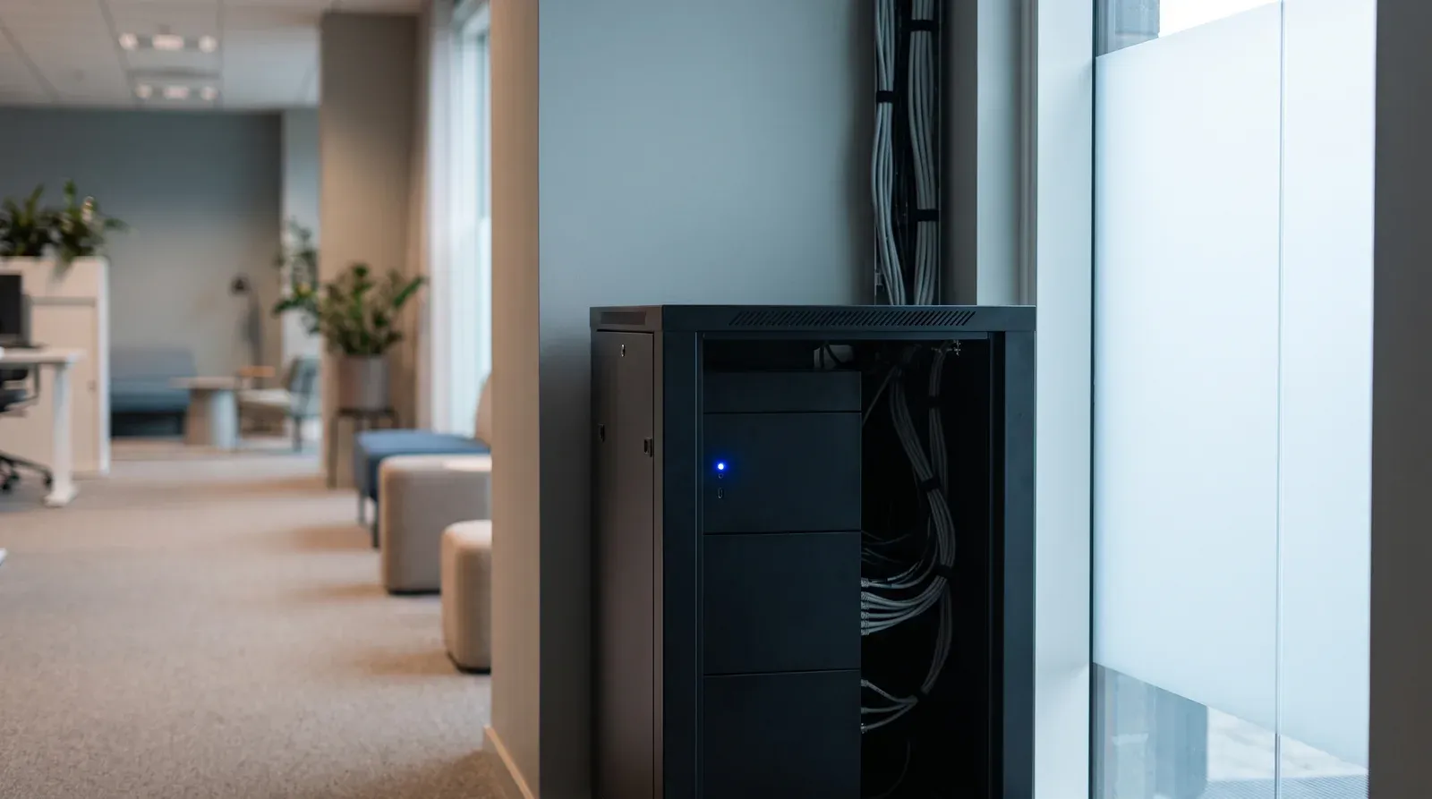 Petite baie de serveurs noire installée dans le coin d une salle de bureau moderne, un voyant bleu allumé, câbles rangés.