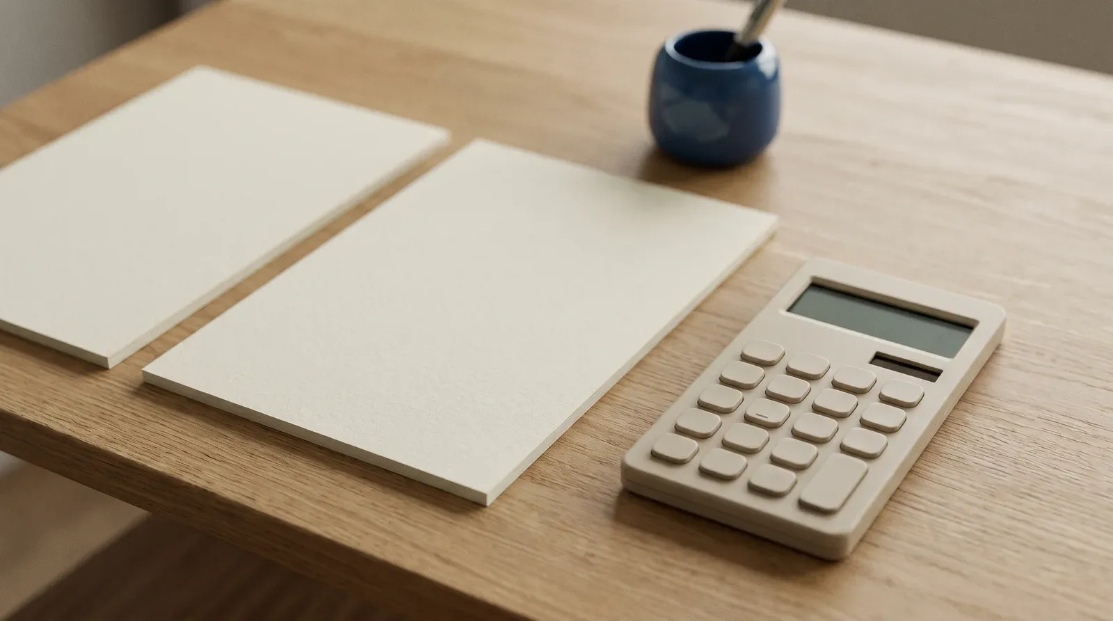 Deux feuilles vierges posées côte à côte sur une table en bois clair, calculatrice sans inscription à côté.