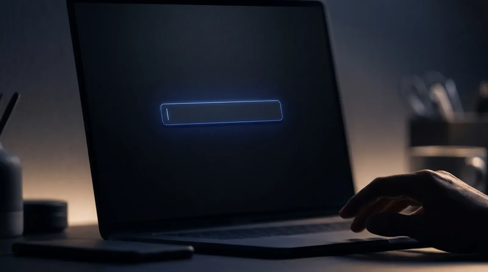 Barre de recherche bleue lumineuse sur un écran sombre, évoquant une réponse générée par l'intelligence artificielle
