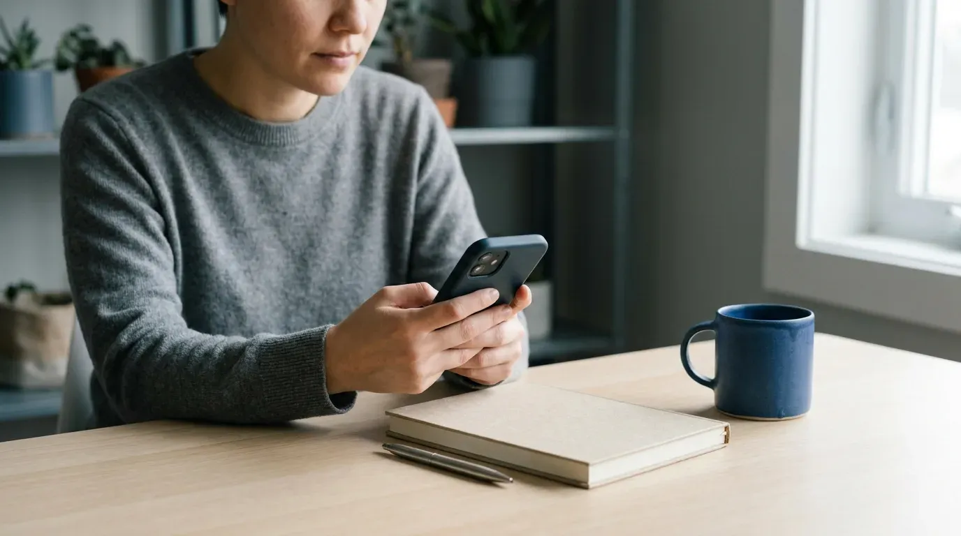 Un dirigeant de petite entreprise consulte son téléphone à son bureau, un carnet fermé et un stylo posés devant lui, avant d’écrire une page de son site.