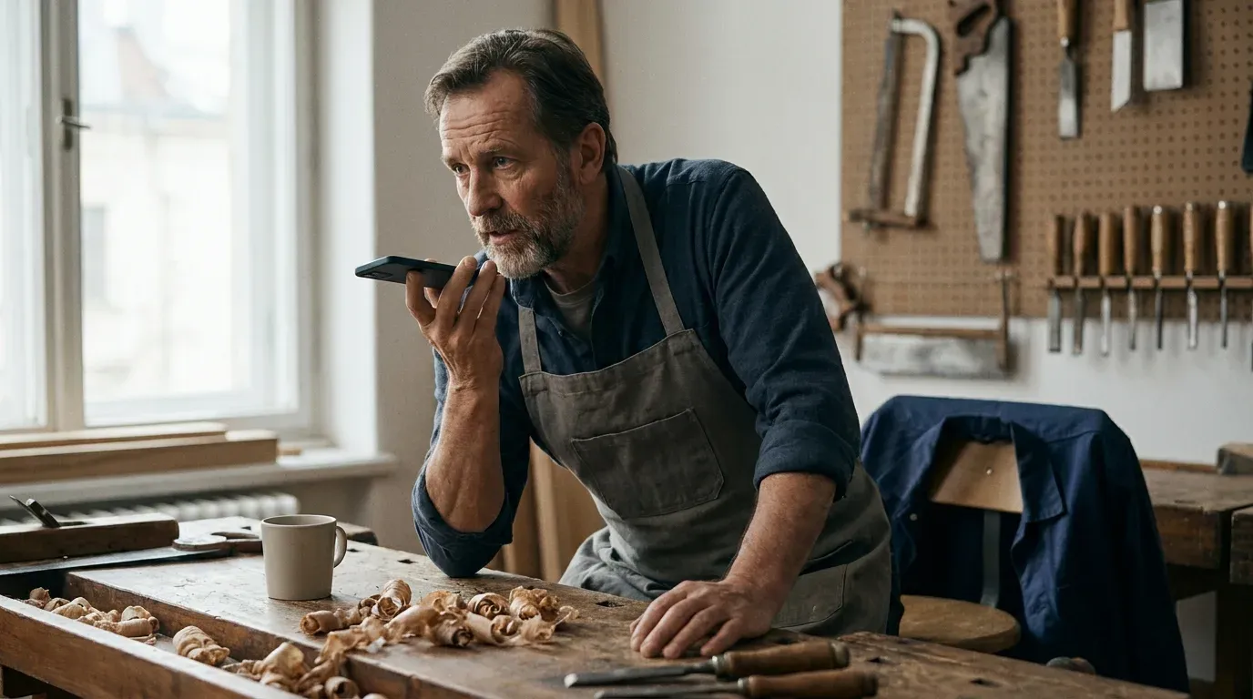Un artisan dicte ses réponses aux questions de ses clients dans son téléphone, debout dans son atelier, la matière première d’une page de service écrite soi-même.