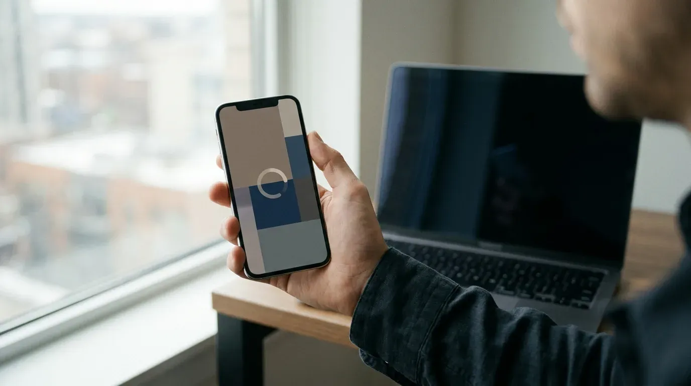 Un site en cours de chargement sur un téléphone tenu devant une fenêtre, un ordinateur portable éteint en arrière-plan, pour la vitesse mobile qui porte la rédaction SEO.