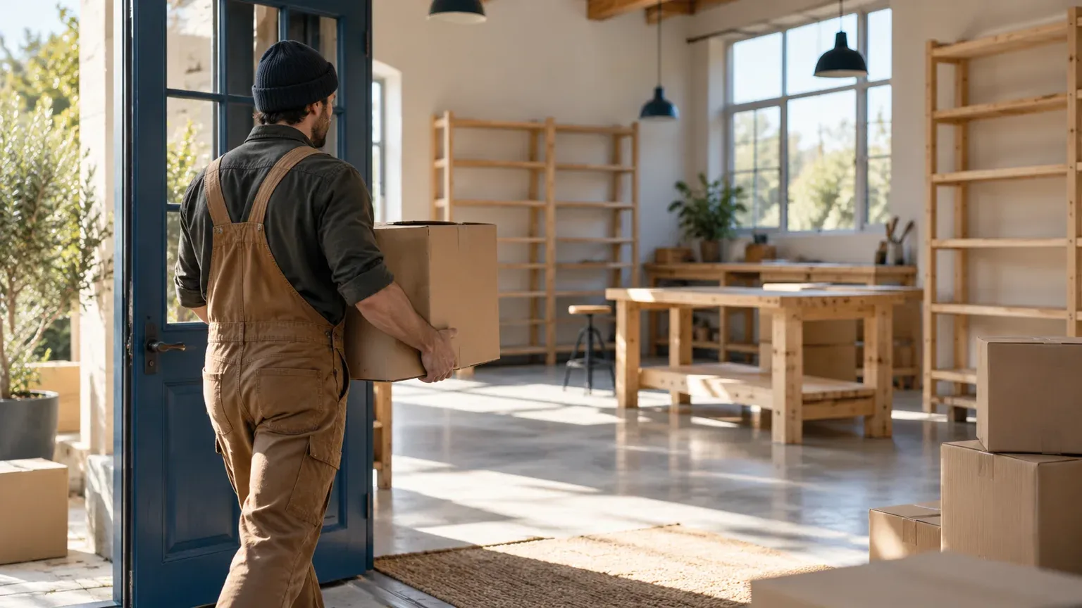 Artisan en salopette qui franchit la porte bleue d’un atelier lumineux aux étagères vides, un carton dans les bras, image d’un déménagement définitif comme celui qu’annonce une redirection 301.