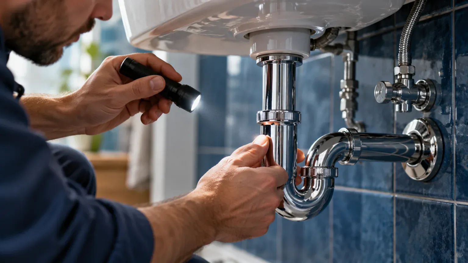 Plombier qui inspecte à la lampe de poche chaque raccord chromé sous un lavabo, devant un carrelage bleu, à l’image du contrôle des redirections après une refonte.