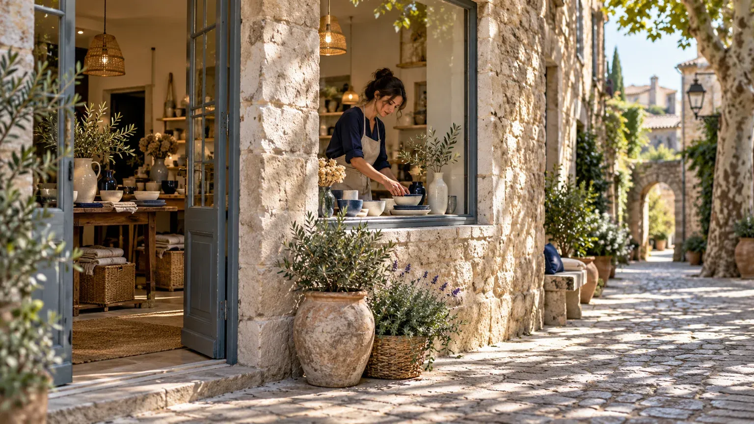 Commerçante qui dispose des céramiques dans la vitrine de sa boutique, dans une ruelle pavée en pierre d’un centre ancien provençal, pour illustrer la visibilité d’un commerce d’Avignon dans les résultats locaux de Google.