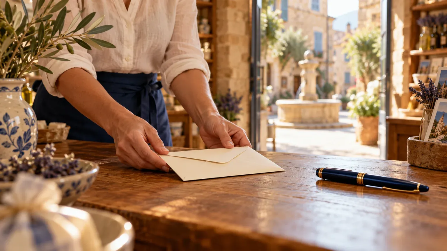 Mains d’une commerçante qui glisse une enveloppe sur le comptoir en bois de sa boutique, un stylo posé à côté, pour évoquer le courrier de rétractation après un contrat signé lors d’un démarchage.