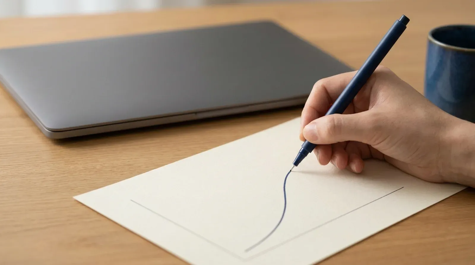 Main tracant au stylo une courbe montante sur une feuille posee devant un ordinateur portable ferme, illustration du releve des clics et des positions dans la Search Console.