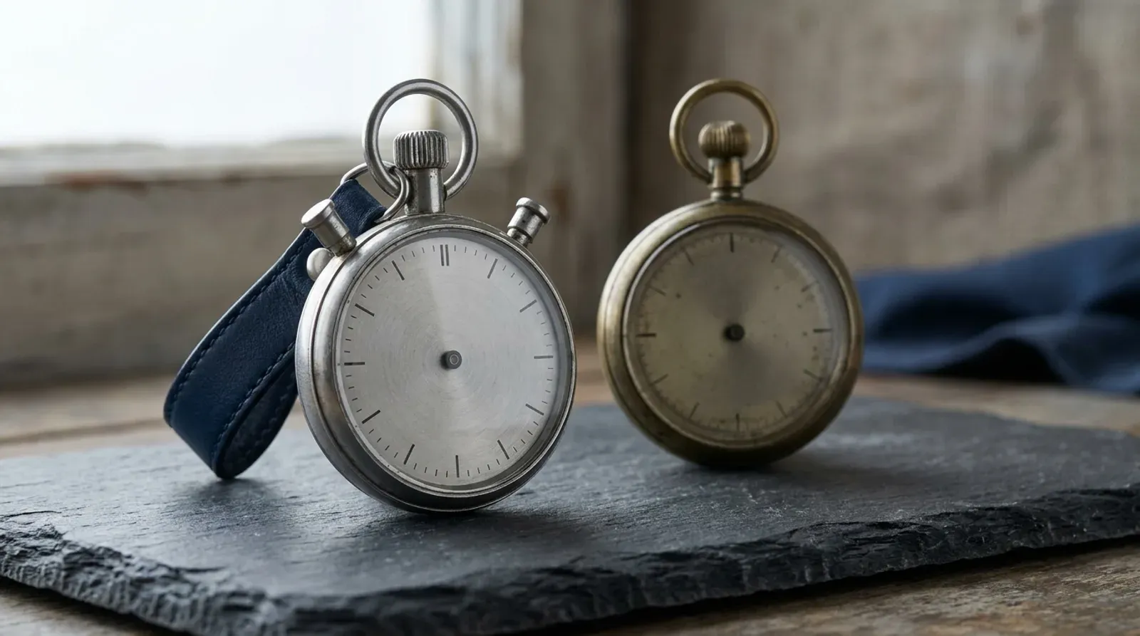 Deux chronometres mecaniques anciens, l un argente l autre laiton, poses sur une plaque d ardoise, image des deux horloges du referencement naturel et du referencement payant.
