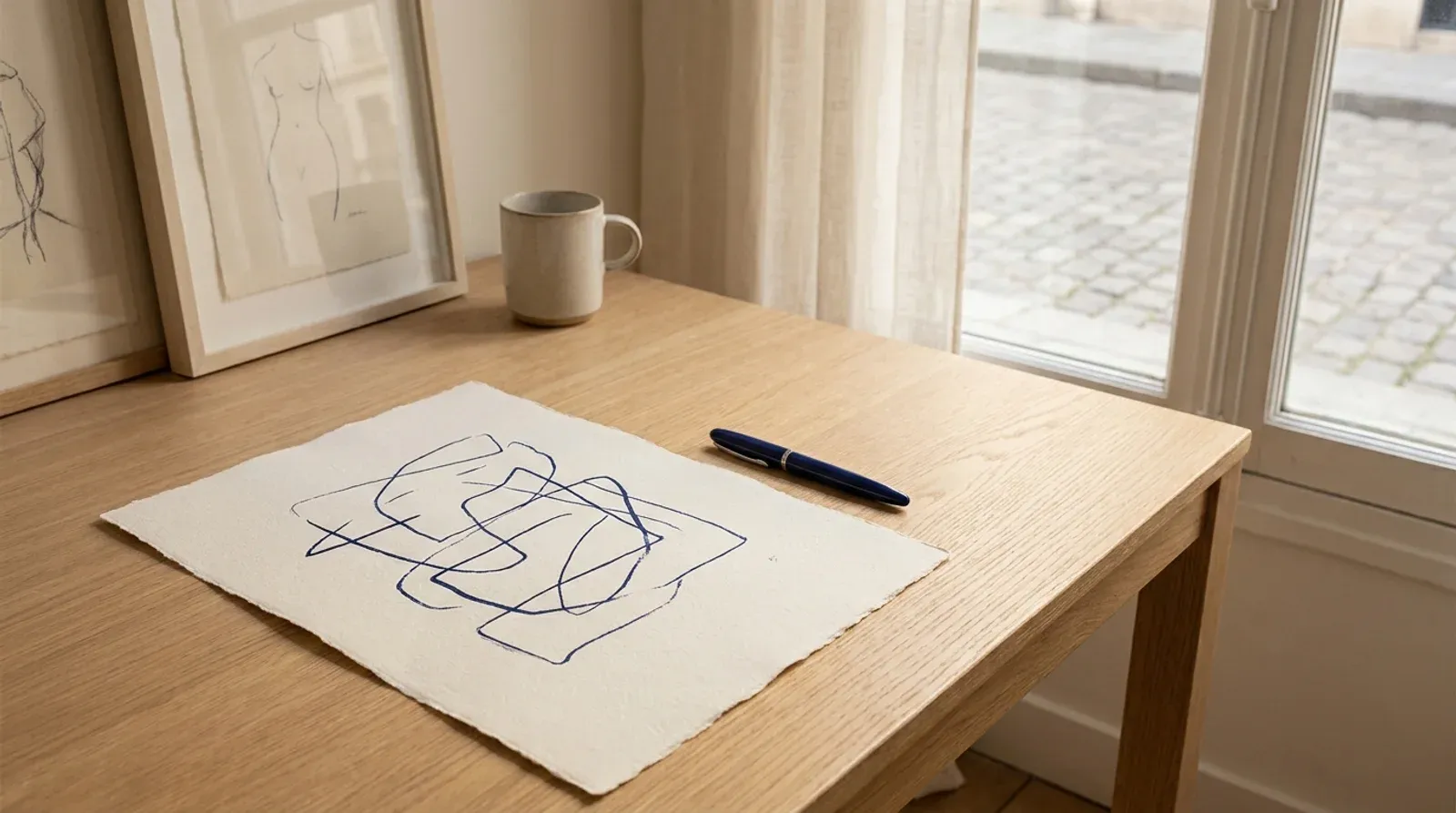 Bureau en bois clair près d une fenêtre, avec une grande feuille de papier épais portant un tracé bleu et un stylo posé à côté.