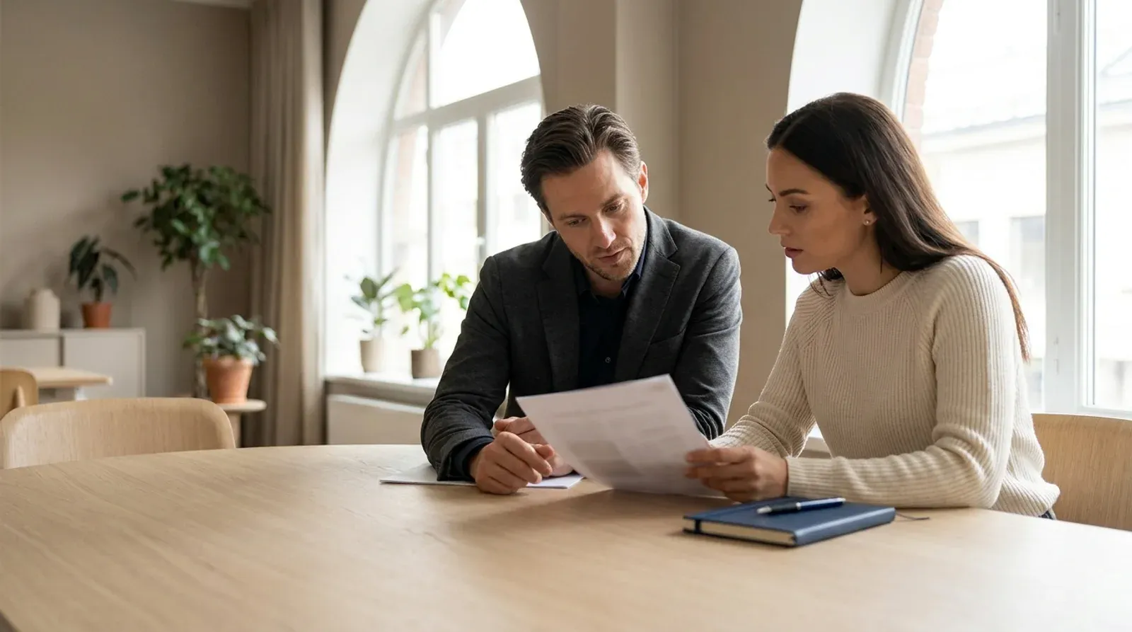 Deux professionnels assis à une table étudient ensemble un document lors d un rendez-vous, dans un bureau clair.