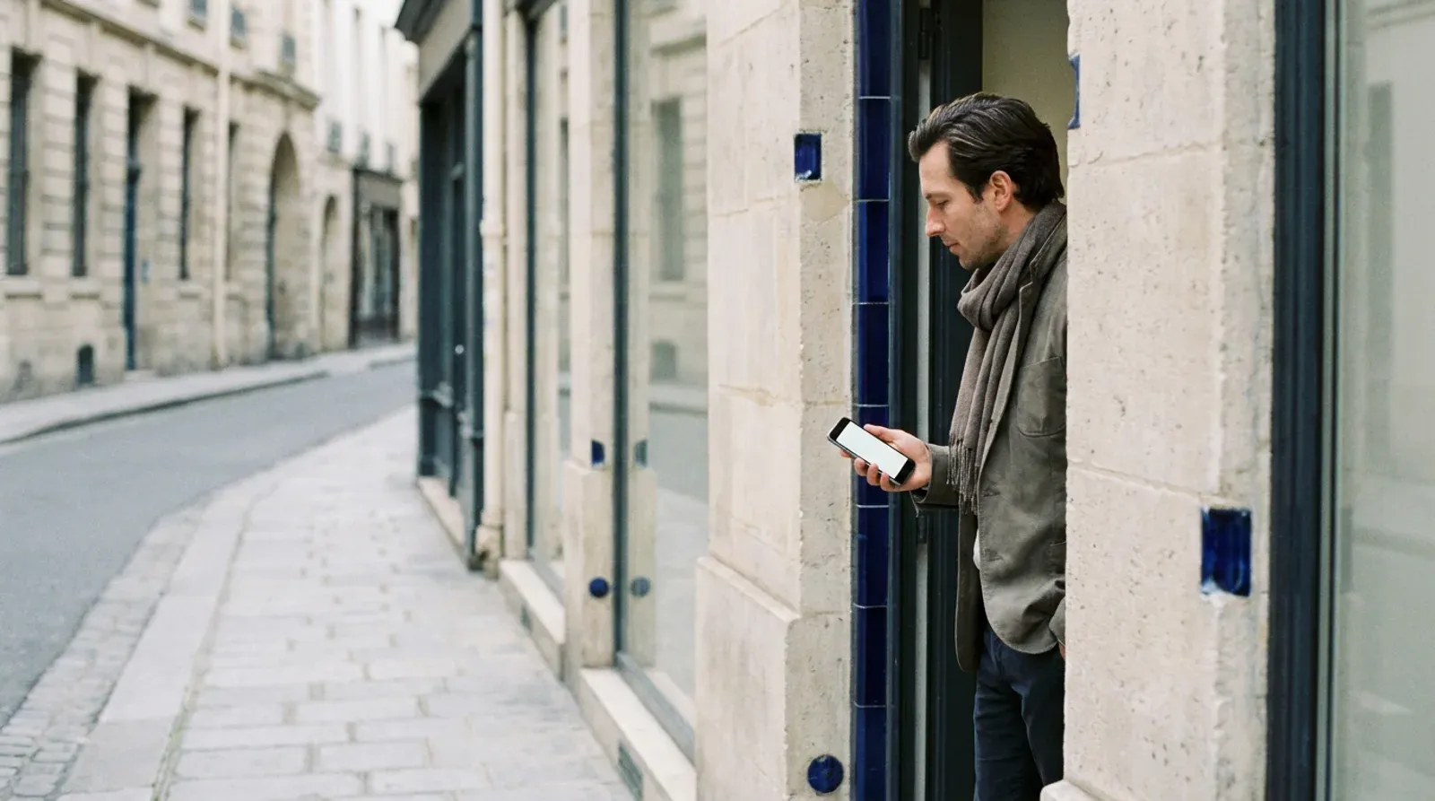 Une personne debout dans l embrasure d une devanture en pierre consulte son smartphone, dans une rue pavée calme.
