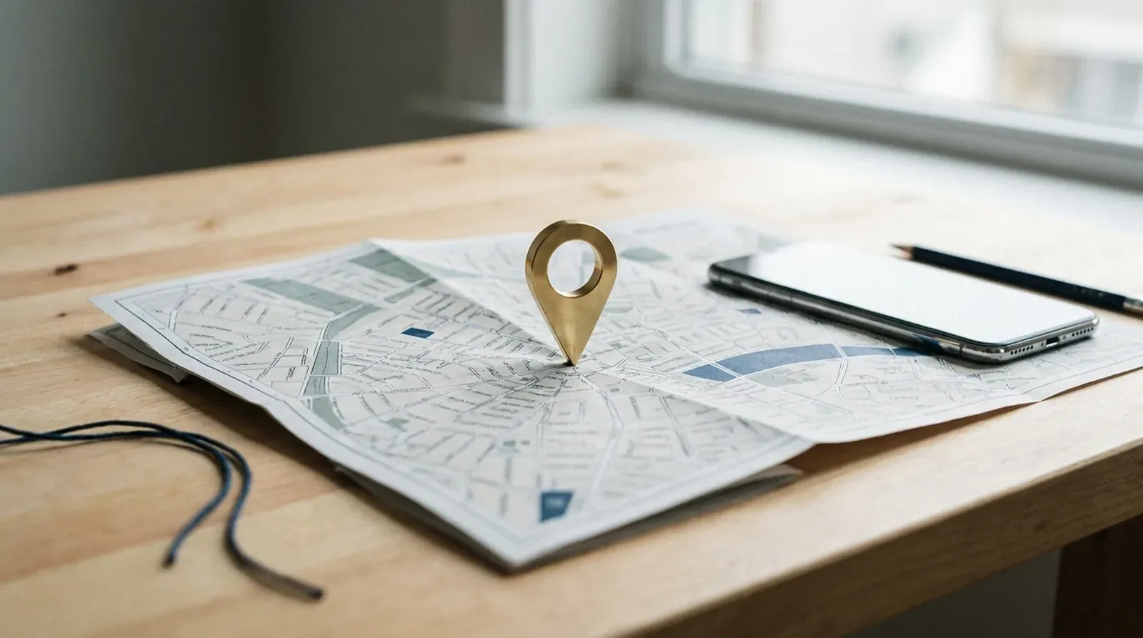 Repère de localisation doré posé sur un plan de ville déplié, à côté d un smartphone et d un crayon, sur un bureau en bois clair.