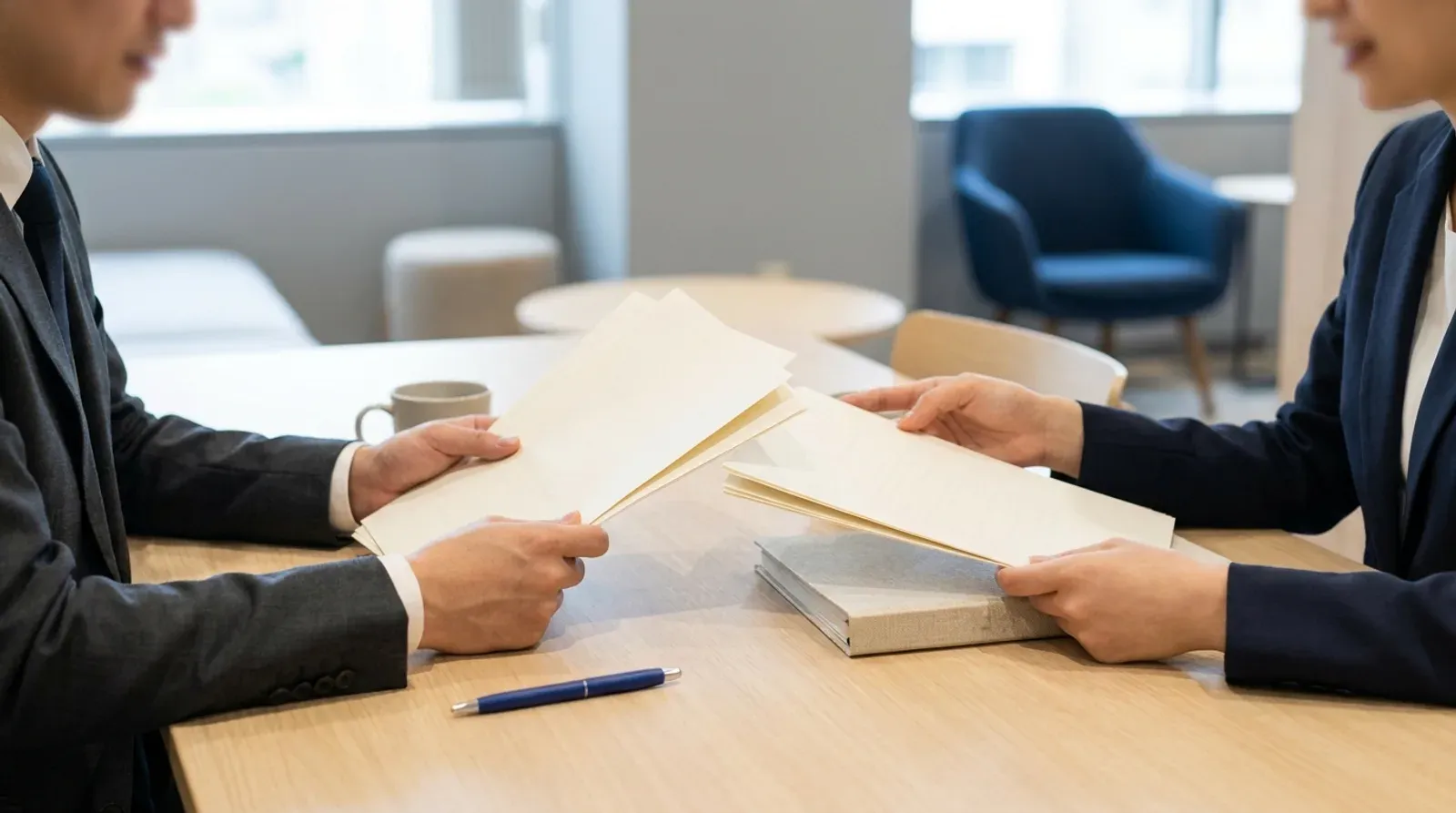 Deux professionnels en costume échangent des documents imprimés au-dessus d une table en bois clair, dans un bureau lumineux.