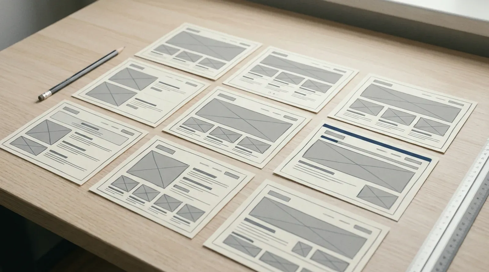 Croquis papier de maquettes de pages web alignés sur un bureau clair, avec un crayon et une règle métallique.