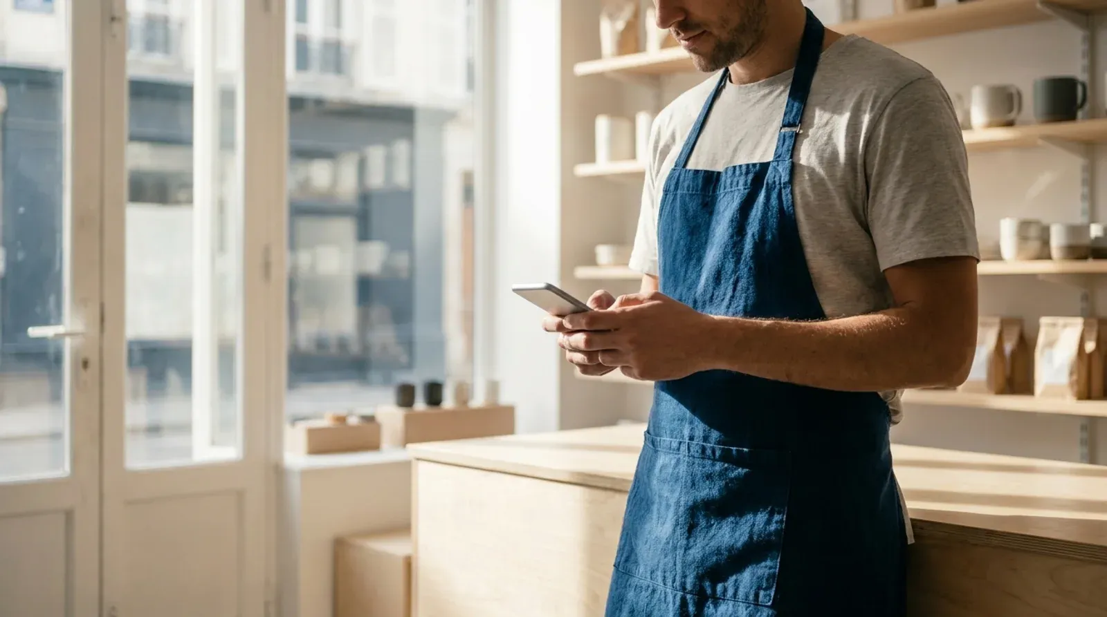 Un professionnel en tablier consulte son téléphone près du comptoir de sa boutique claire, illustration du délai avant qu’une fiche Google produise un effet visible.