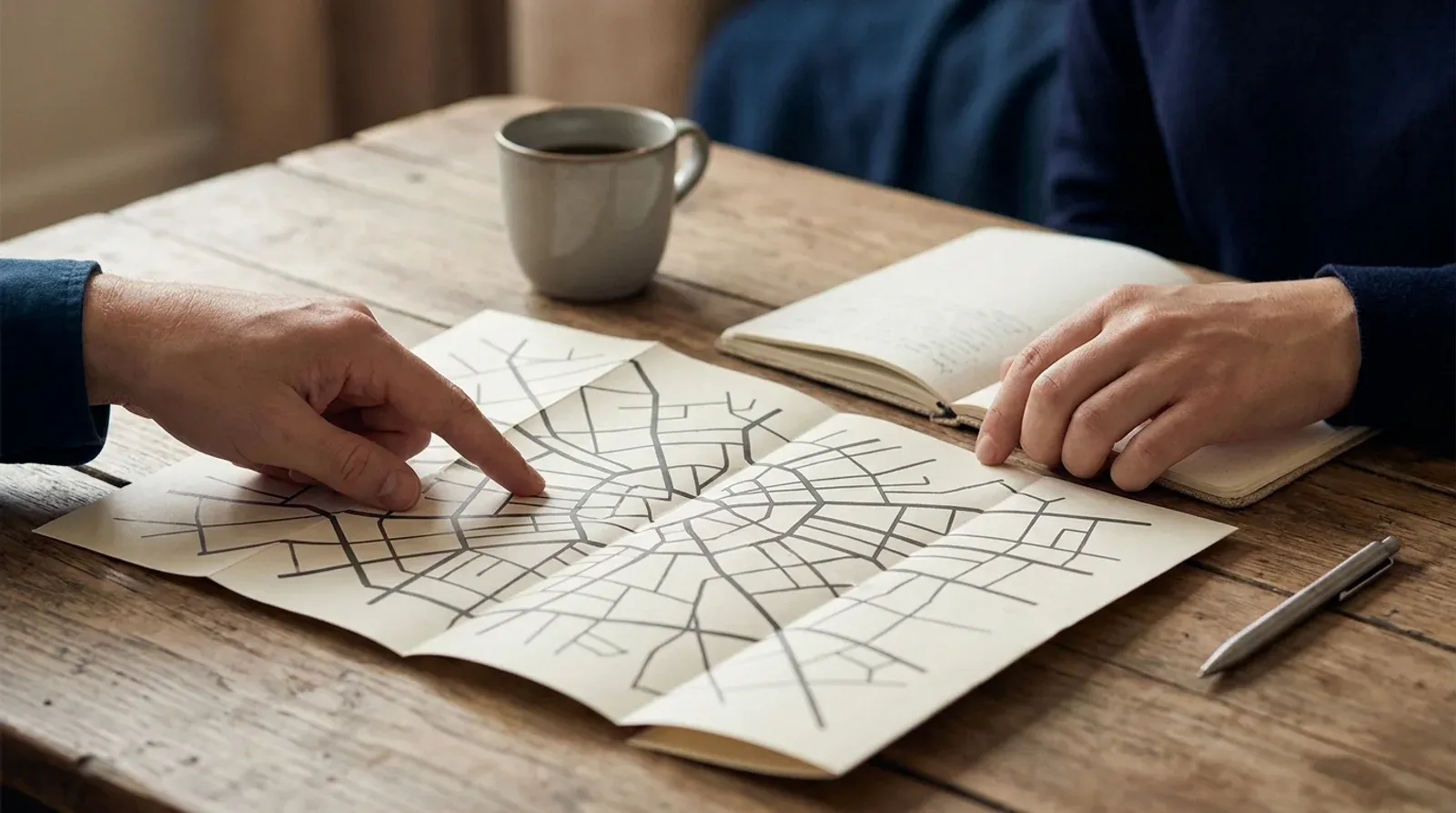 Carte de ville dépliée sur une table en bois, un doigt désigne un quartier à côté d’un carnet et d’un stylo, illustration du choix des zones à couvrir autour de Rennes.