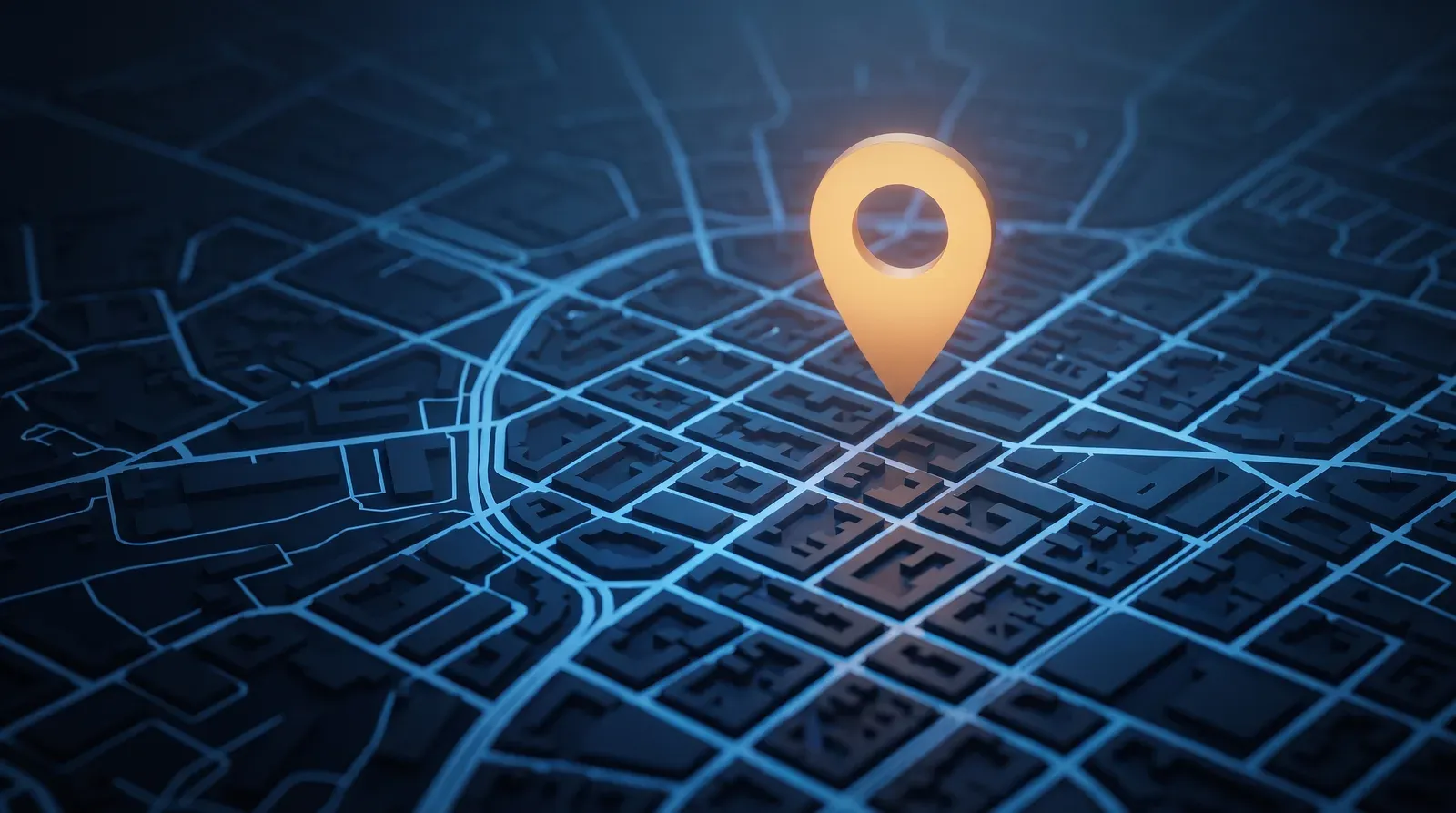 Carte de ville avec une épingle de localisation lumineuse, illustration du référencement local sur Google