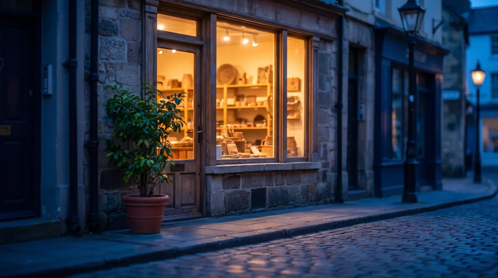 Commerce local éclairé à l'heure bleue, présence locale sur Google