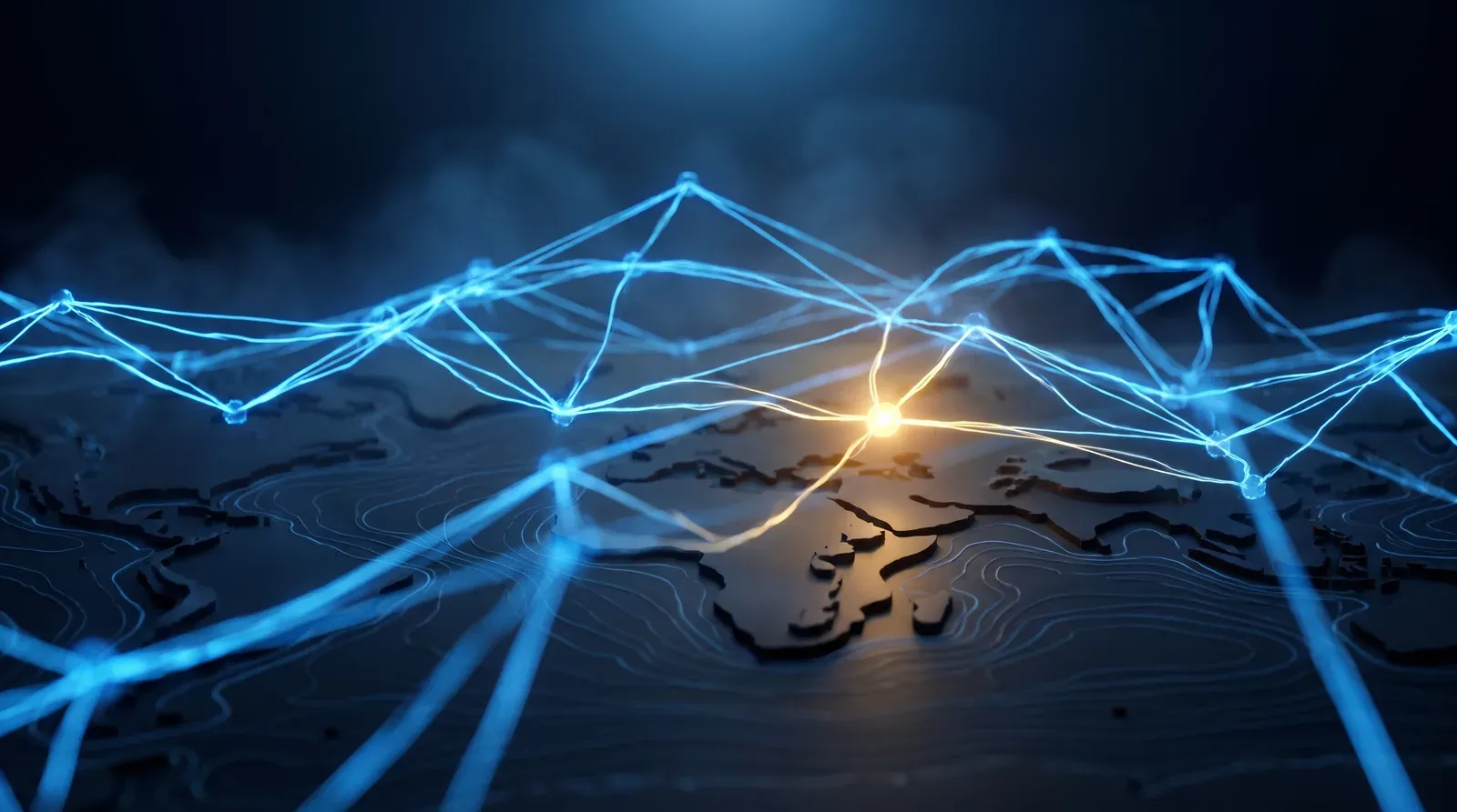 Réseau de points lumineux reliés au-dessus d'une carte, référencement local et intelligence artificielle