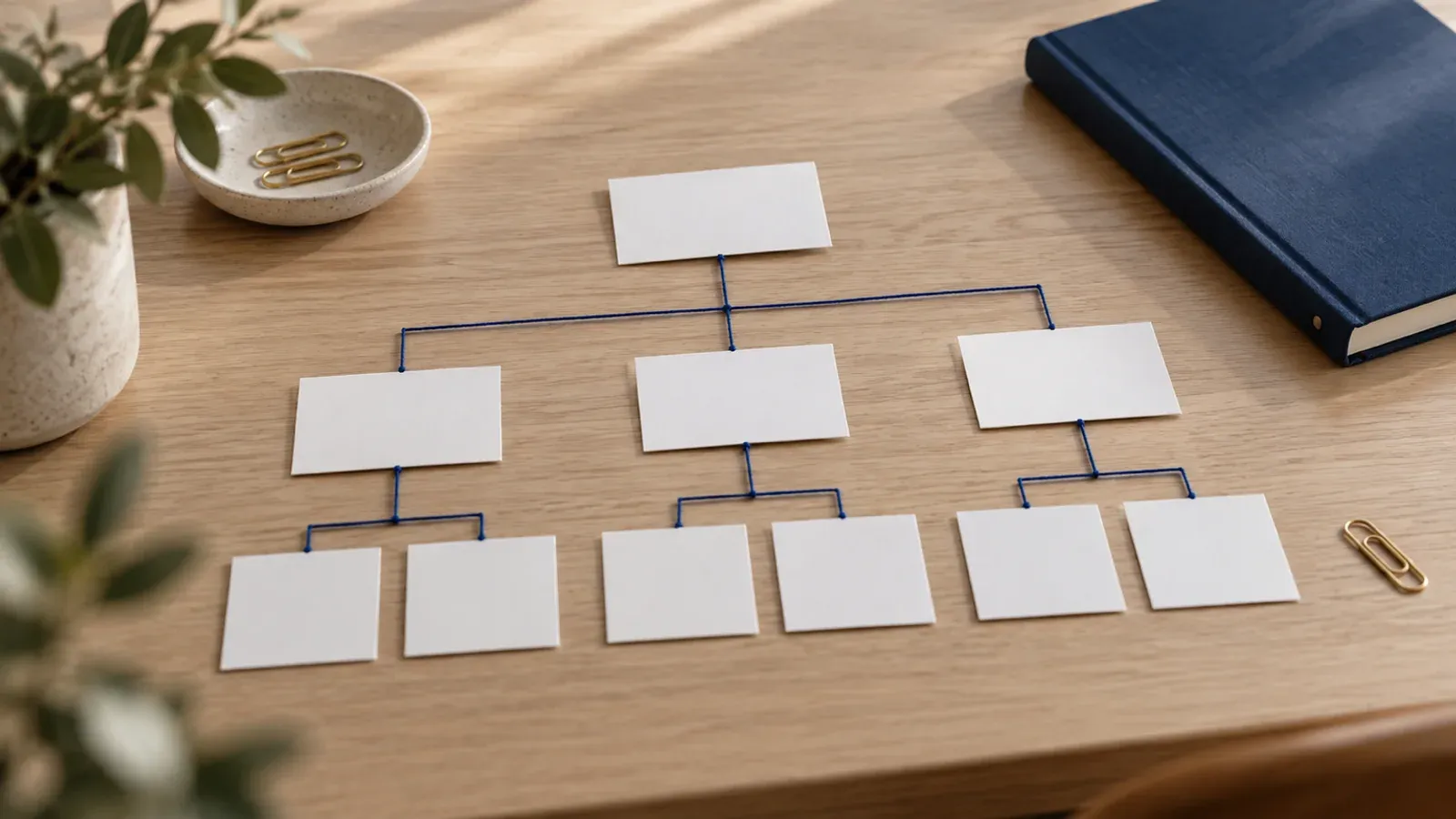 Fiches cartonnées vierges disposées en arborescence sur un bureau en chêne et reliées par un fil bleu, image de la liste de pages qu’un sitemap propose aux moteurs de recherche.